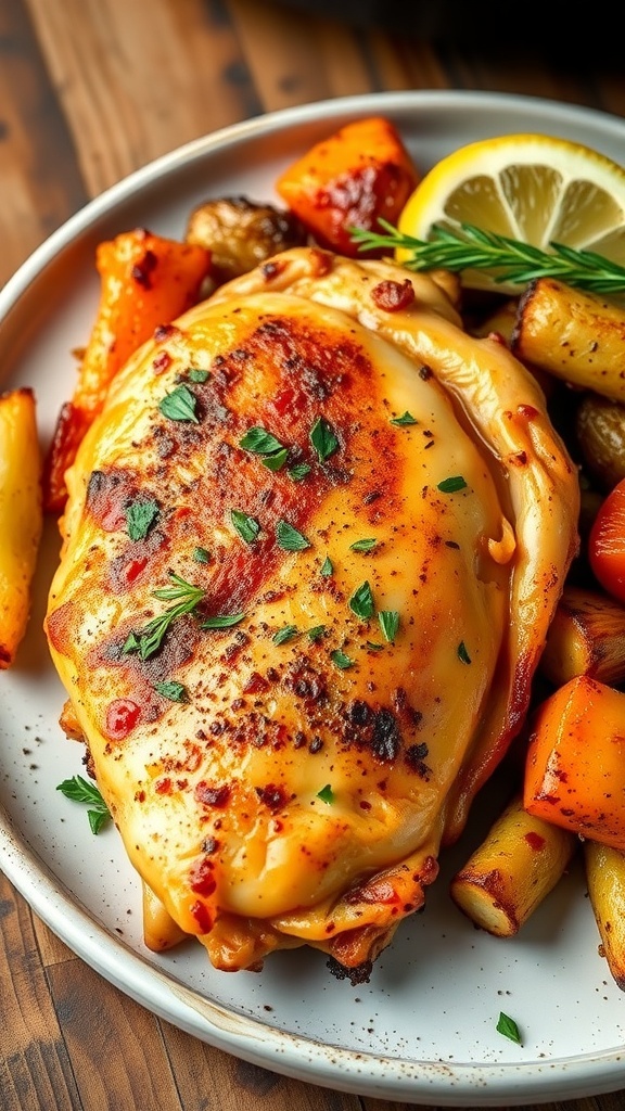 Flavorful Air Fryer Chicken Marinade Recipes Golden brown air fryer chicken breast garnished with herbs, served with roasted vegetables and lemon.